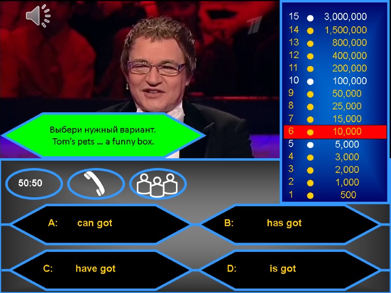 Выбери нужный вариант.  Tom’s pets … a funny box.